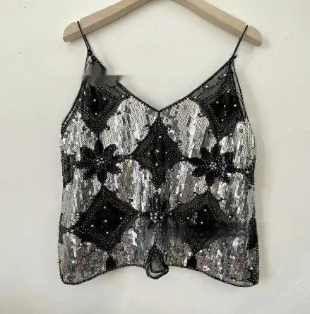Sequin Beaded Cami Top – V-Neck Party Glam