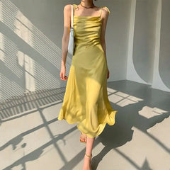 Satin Slip Dress with Draped Neckline and Adjustable Tie Straps
