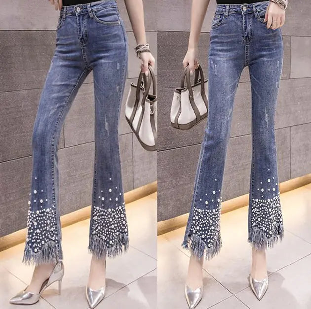 Pearl Denim Flare Pants with Fringes