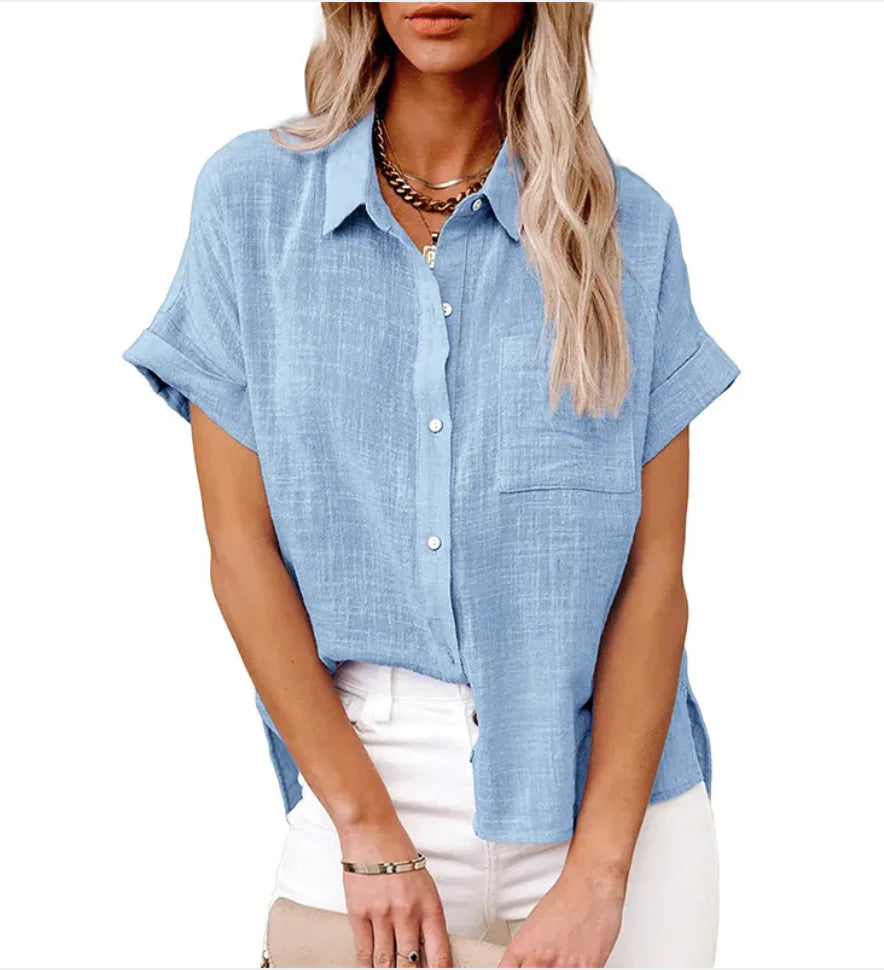 Relaxed Fit Button-Up Shirt in Cotton-Linen with Pocket Detail