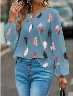 Feather Print V-Neck Blouse – Women’s Long Sleeve Chic Top