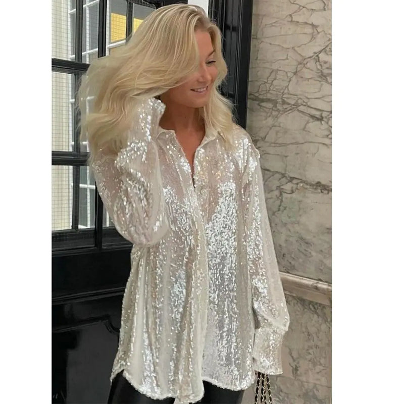 Shimmering White Sequin Blouse – Button-Up Party Shirt