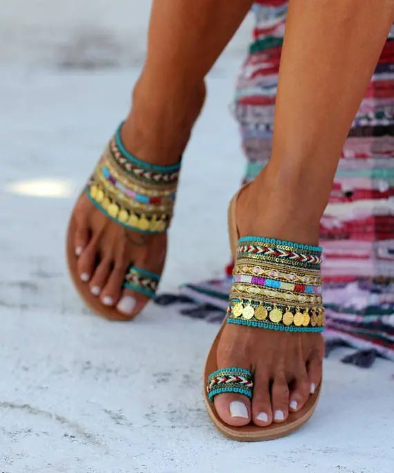 Ethnic Style Metal Flat Sandals for Women