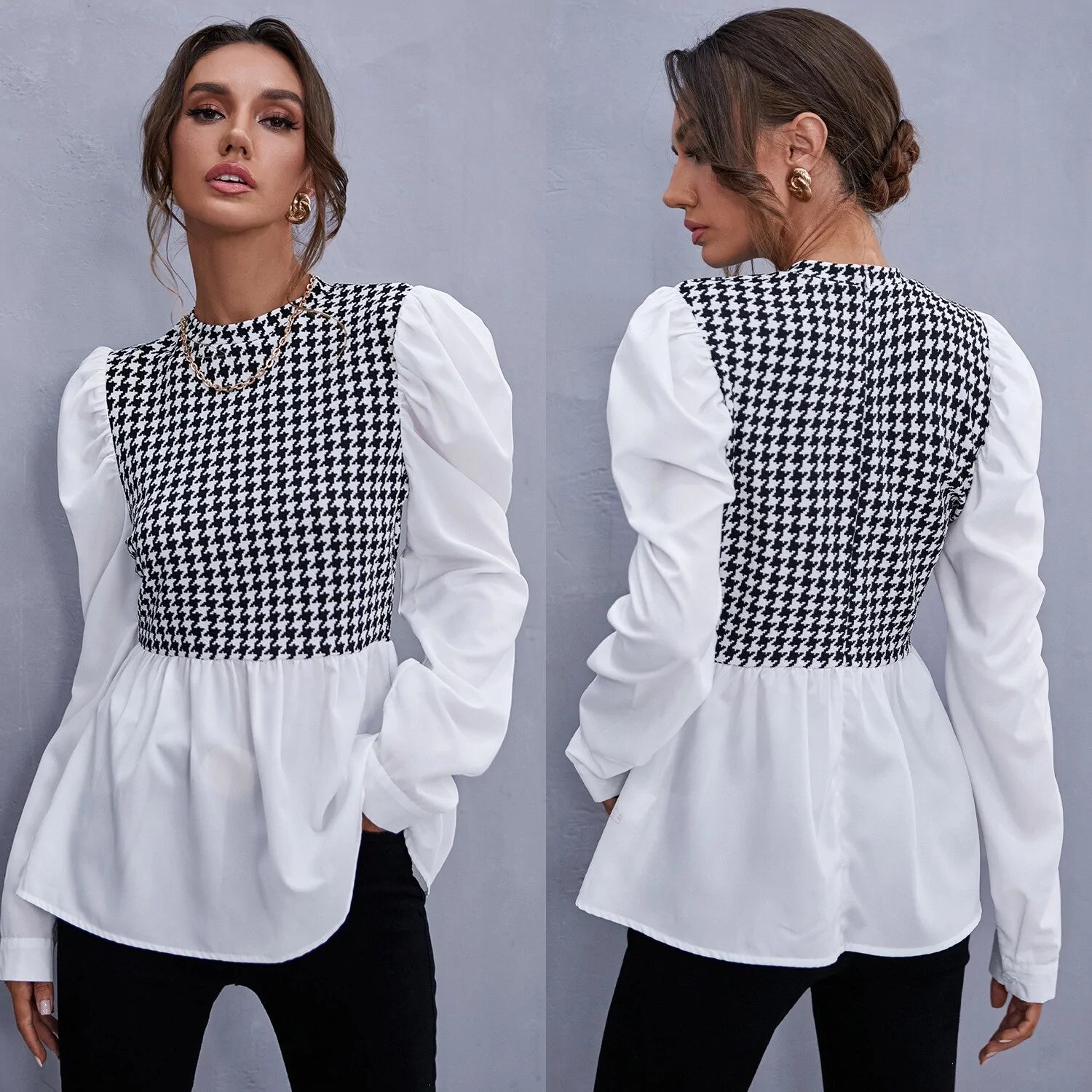 Houndstooth Panel Peplum Blouse – Long Sleeve Chic Contrast Top