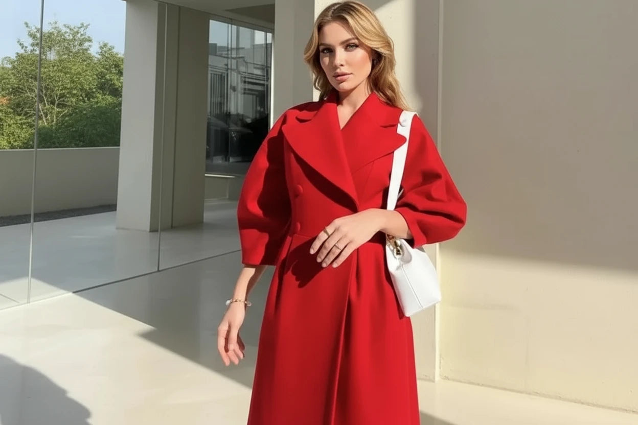 A person wearing a long red coat with a large lapel and lantern sleeves, holding a blue bag and a smartphone.