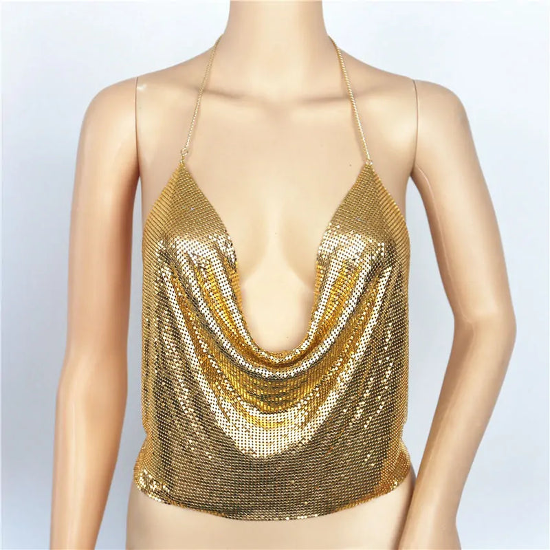 Metallic Chainmail Crop Top – Backless Halter Partywear in Gold