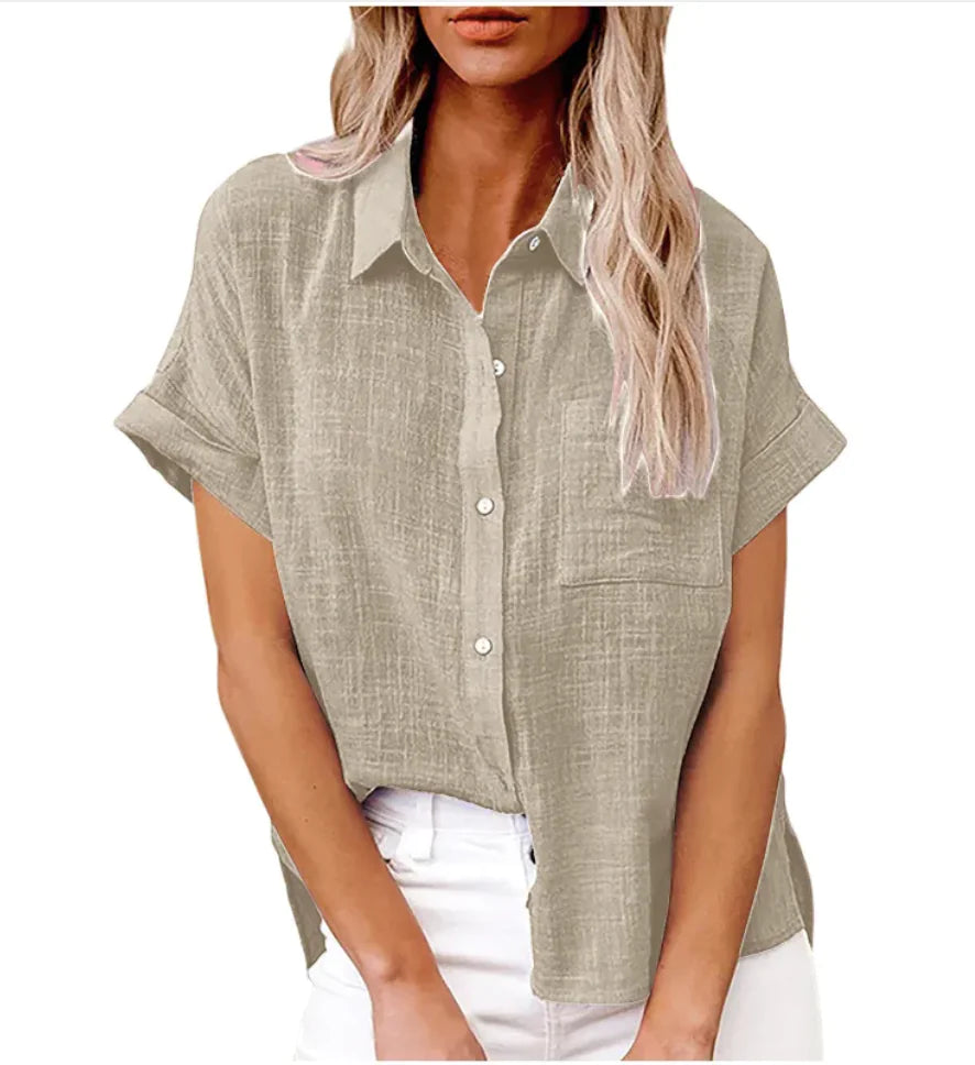 Relaxed Fit Button-Up Shirt in Cotton-Linen with Pocket Detail