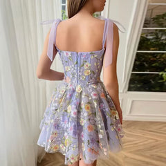 Fairycore 3D Floral Appliqué Tulle Mini Dress – Lavender Embroidered Party Dress