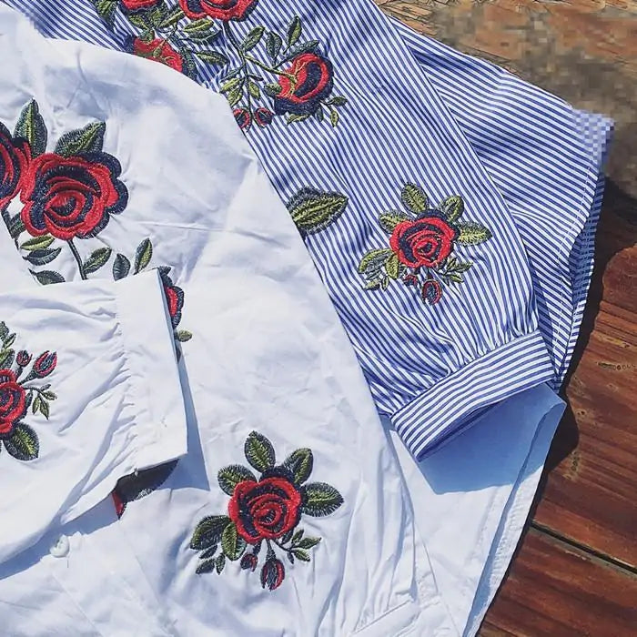 Stripe Embroidered Rose Blouse