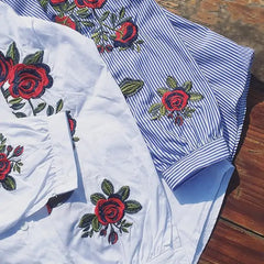 Stripe Embroidered Rose Blouse