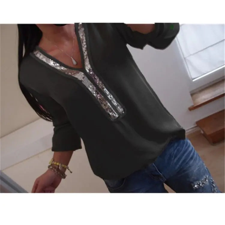 Chiffon V-Neck Blouse with Silver Sequin Trim – Long Sleeve