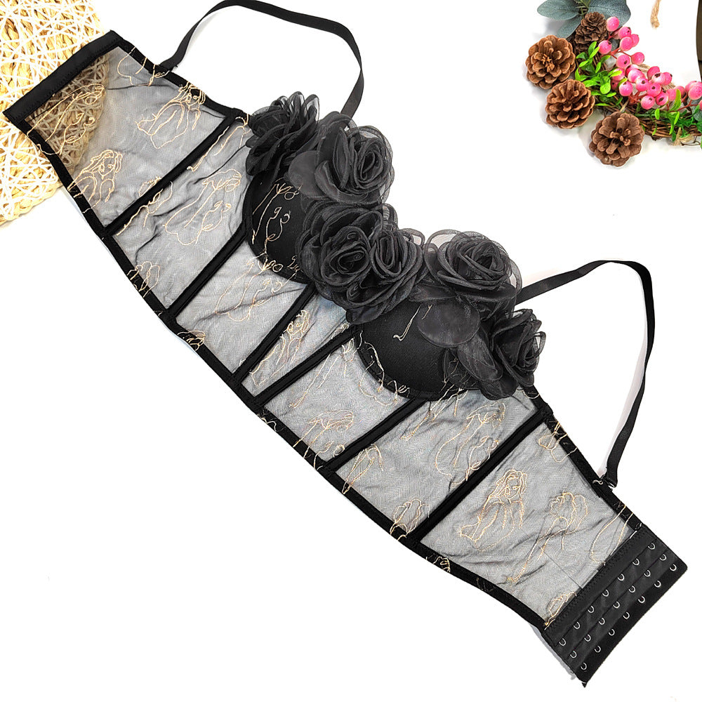 Floral Embroidered Sheer Tulle Corset Top – Romantic Mesh Bralette with 3D Roses