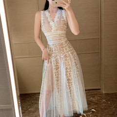 Lace & Tulle Midi Dress – Embroidered Mesh Elegance