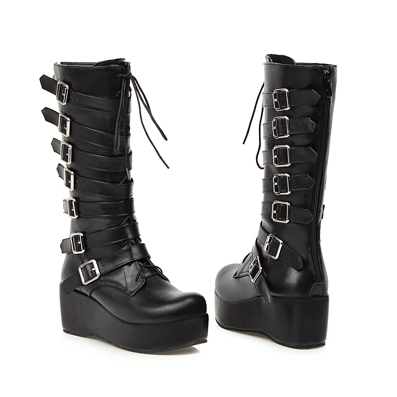 Fashionable Mid-Calf Wedge Boots with Buckle