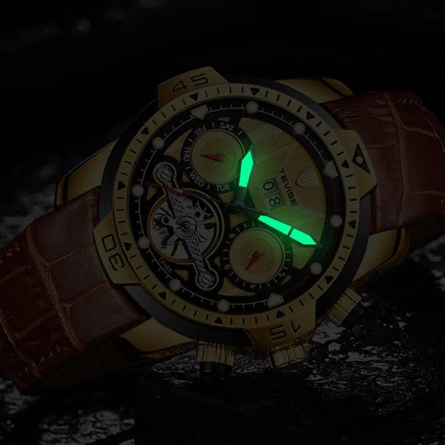Luxury Water-Resistant Men’s Watch – Automatic Skeleton Dial & Genuine Leather Strap