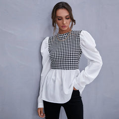 Houndstooth Panel Peplum Blouse – Long Sleeve Chic Contrast Top