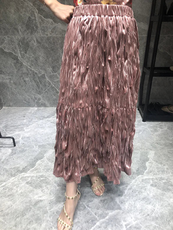 Gradient Button Pink Blazer & High-Waisted Skirt