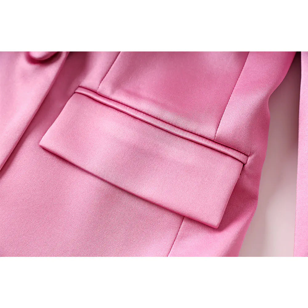 Pink Satin 3-Piece Suit Set – Blazer, Mini Skirt & Triangle Top