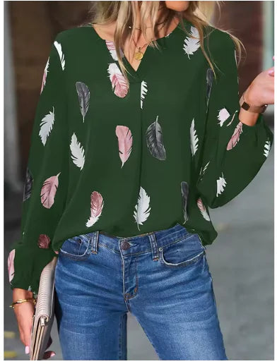 Feather Print V-Neck Blouse – Women’s Long Sleeve Chic Top