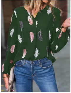 Feather Print V-Neck Blouse – Women’s Long Sleeve Chic Top