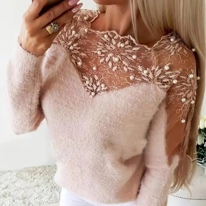 Elegant Lace Mesh Floral Sweater – Sheer Detail Long Sleeve Knit Top