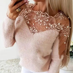 Elegant Lace Mesh Floral Sweater – Sheer Detail Long Sleeve Knit Top