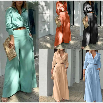 2-Piece Set with Draped Blouse & Wide-Leg Pants – Chic Women’s Loungewear