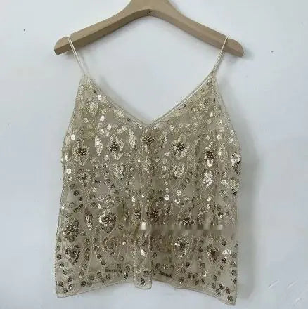 Sequin Beaded Cami Top – V-Neck Party Glam