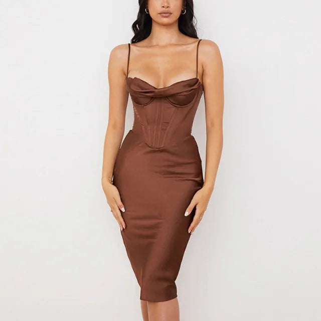 Satin Corset Bodycon Dress with Spaghetti Straps – Elegant Women’s Fashion