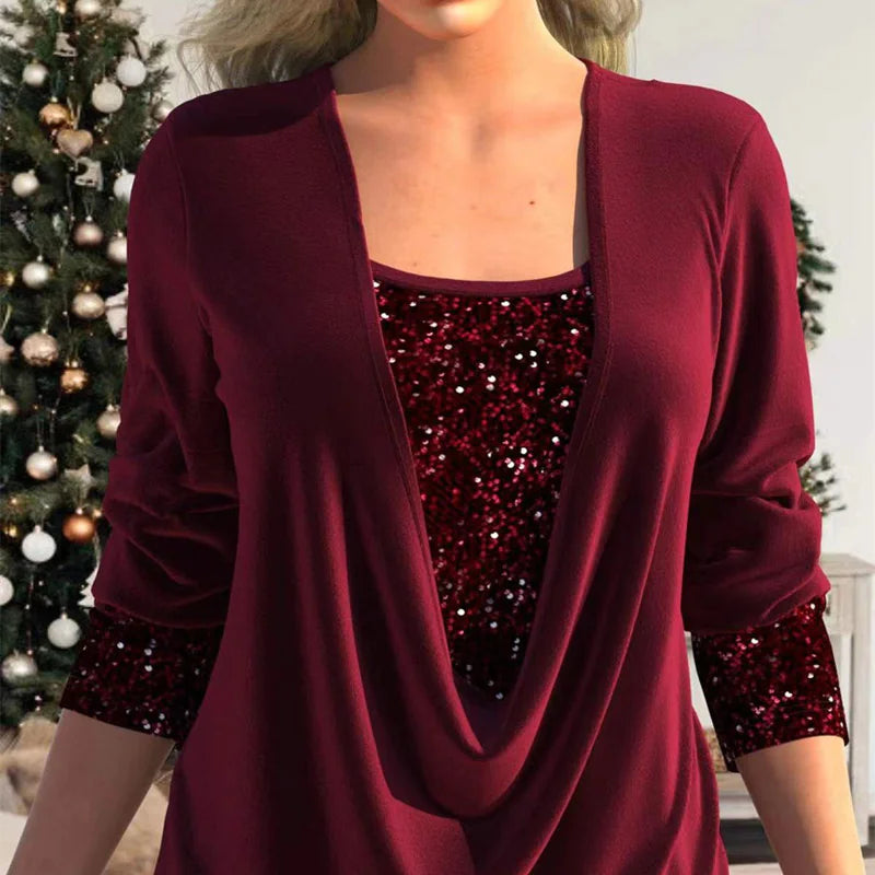 Sequin-Stitched U-Neck Long-Sleeve Shirt