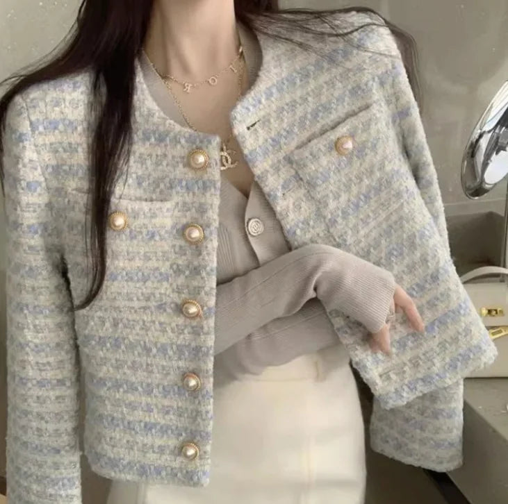 Women’s Tweed Cropped Jacket with Pearl Buttons – Elegant Short Blazer