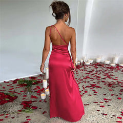 One-Shoulder Satin Evening Dress – Elegant Split Gown with Draped Detail ✨