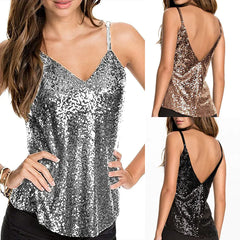 Shiny Sequin Sexy Tank Top with Spaghetti Straps