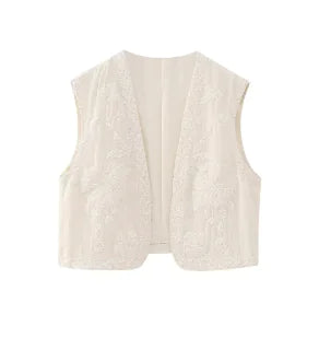 Embroidered Floral Vest with V-Neck