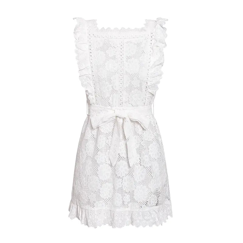 Lace Trim Embroidered White Dress