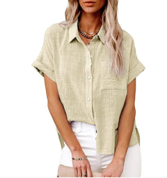 Relaxed Fit Button-Up Shirt in Cotton-Linen with Pocket Detail