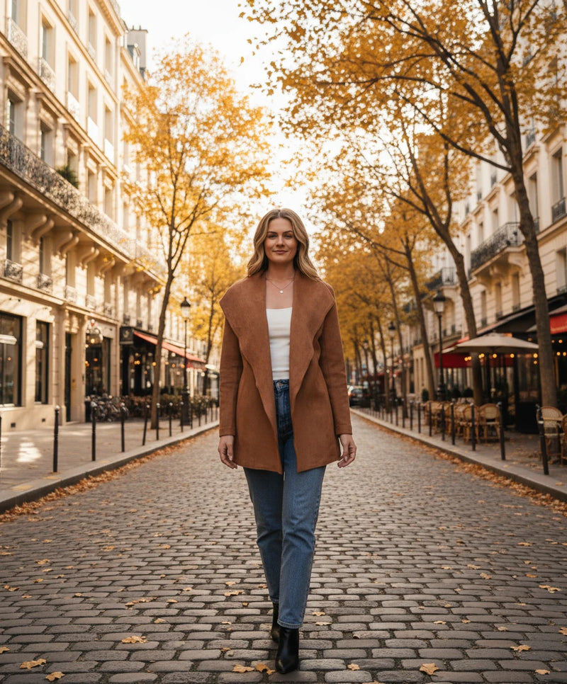 Woman walking on a cobblestone street in an urban setting with autumn leaves and buildings.