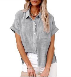 Relaxed Fit Button-Up Shirt in Cotton-Linen with Pocket Detail
