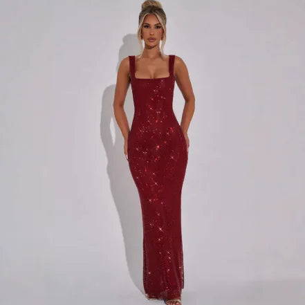 Long Sequin Evening Dress – Square Neck & Wide Straps