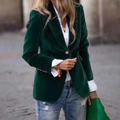 Green Velvet Blazer with Golden Buttons