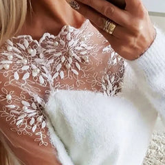 Elegant Lace Mesh Floral Sweater – Sheer Detail Long Sleeve Knit Top