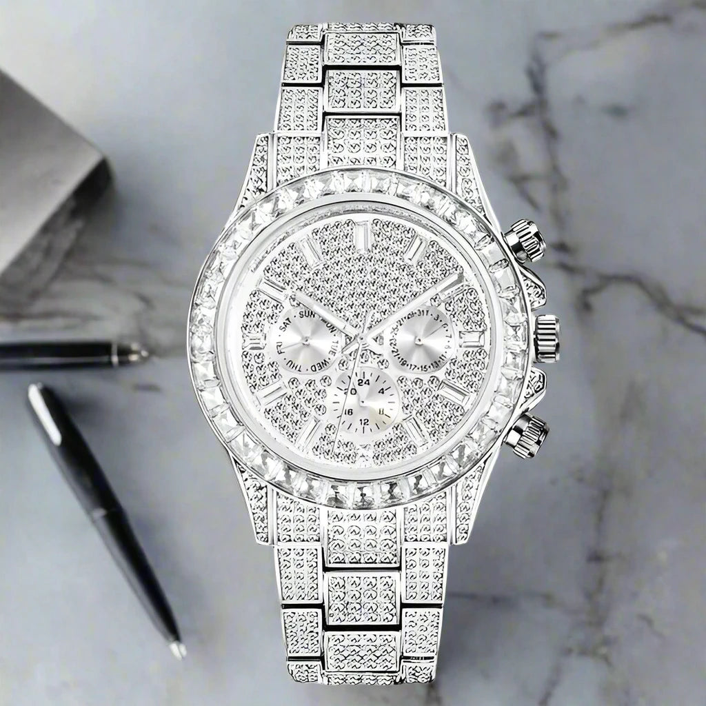 Luxury Iced Out Watch with Rainbow Bezel – Men’s Stainless Steel Timepiece