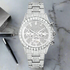 Luxury Iced Out Watch with Rainbow Bezel – Men’s Stainless Steel Timepiece