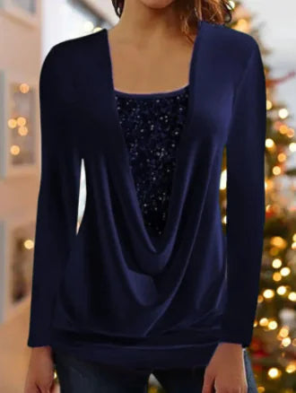 Sequin-Stitched U-Neck Long-Sleeve Shirt