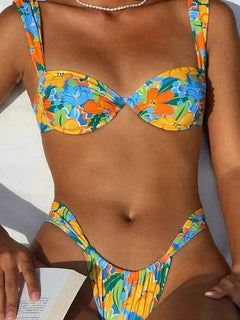 Bold Tropical Thong Brazilian Bikini – High Cut, Underwire, Vibrant Print