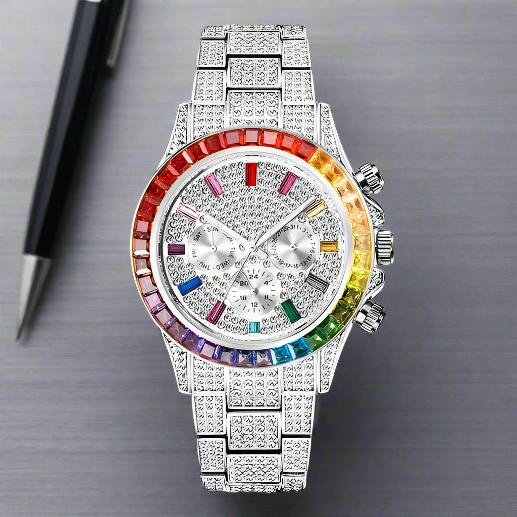 Luxury Iced Out Watch with Rainbow Bezel – Men’s Stainless Steel Timepiece