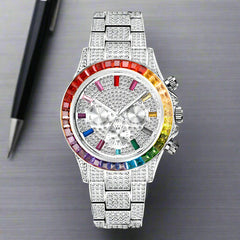 Luxury Iced Out Watch with Rainbow Bezel – Men’s Stainless Steel Timepiece