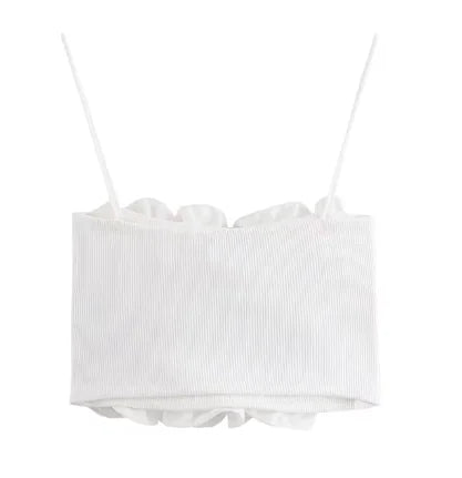 White Ruffle Crop Top – Spaghetti Strap Sleeveless Summer Top