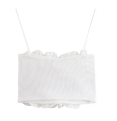 White Ruffle Crop Top – Spaghetti Strap Sleeveless Summer Top