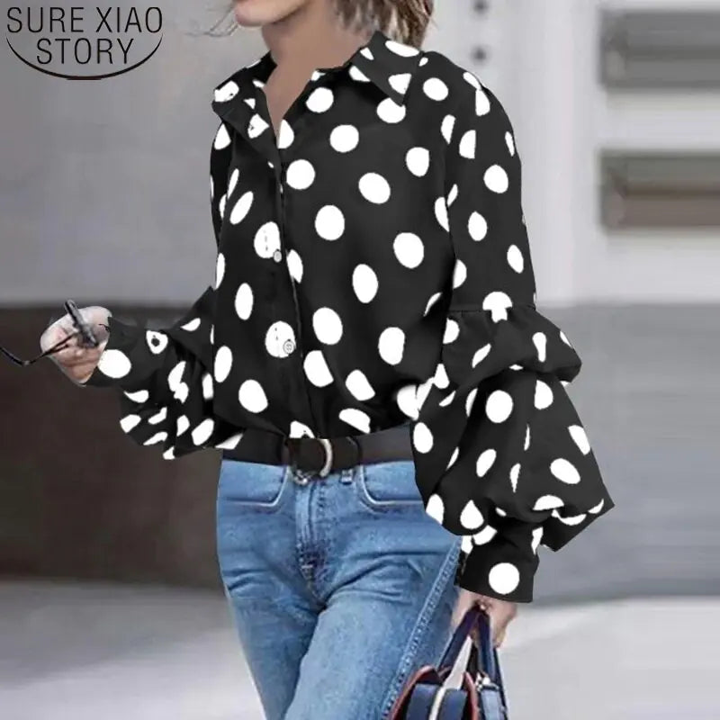 Polka Dot Lantern Sleeve Blouse